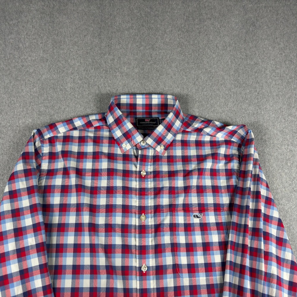 Vineyard Vines Shirt Mens XL Red Blue Check Performance Classic Long Button Down
